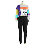 Color Block Print Long Sleeve O Neck Crop Top JLY-19153