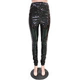 Pleated Elastic Bright PU Leather Skinny Pants BGN-220