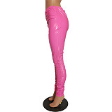 Pleated Elastic Bright PU Leather Skinny Pants BGN-220