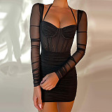 Mesh Long Sleeve Bodycon Halter Pleated Dresses MS-1693