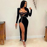 Lace Rhinestones Bodysuit+Side Split Party Dress Set NY-2286