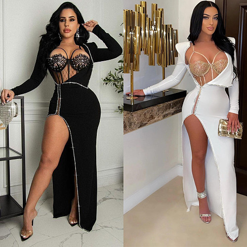 Lace Rhinestones Bodysuit+Side Split Party Dress Set NY-2286
