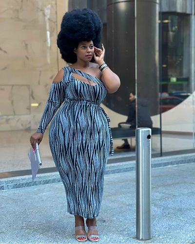 One Shoulder Long Sleeve Hollow Out Plus Size Dress HEJ-21S6101