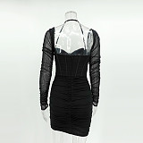 Mesh Long Sleeve Bodycon Halter Pleated Dresses MS-1693