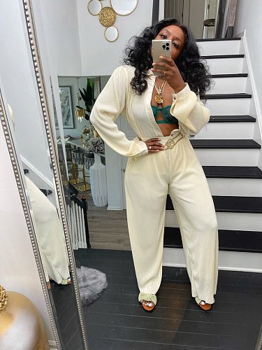 Casual Single Breasted Shirts Top Wide Leg Pant Suits LSD-81060