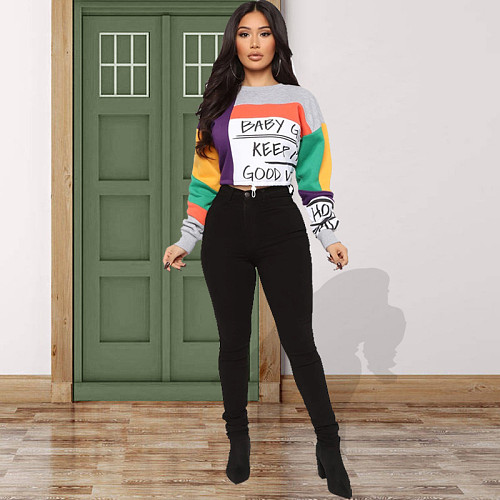 Color Block Print Long Sleeve O Neck Crop Top JLY-19153