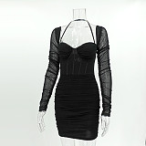 Mesh Long Sleeve Bodycon Halter Pleated Dresses MS-1693
