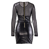 Sheer Mesh Patchwork Mini Corset PU Leather Dress PY-8479