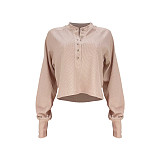 Waffle Knit Loose Long Sleeve Button Up Tops ASL-6539