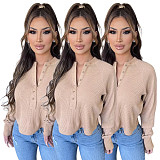 Waffle Knit Loose Long Sleeve Button Up Tops ASL-6539