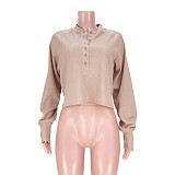 Waffle Knit Loose Long Sleeve Button Up Tops ASL-6539