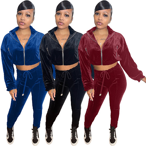 Workout Jacket Crop Top and Pants Velvet Tracksuit XMY-9333
