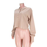 Waffle Knit Loose Long Sleeve Button Up Tops ASL-6539