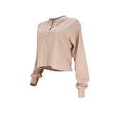 Waffle Knit Loose Long Sleeve Button Up Tops ASL-6539