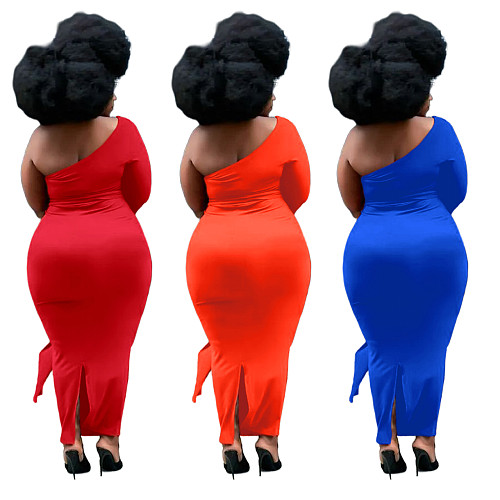 Plus Size Solid One Shoulder Long Sleeve Dress HEJ-21S6103