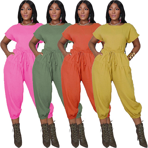 Solid Short Sleeve Open Back T Shirt Pants Set MUX-6073