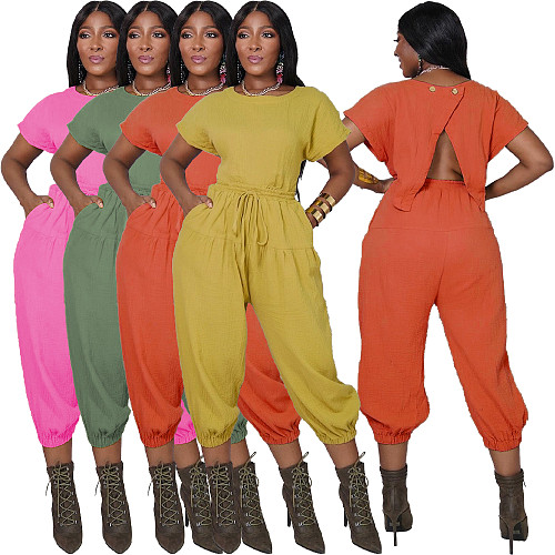 Solid Short Sleeve Open Back T Shirt Pants Set MUX-6073