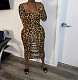 Leopard Print Cut Out U-neck Long Sleeve Dress HMS-5357