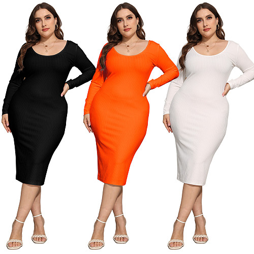 Knitting Long Sleeve Solid Color Plus Size Dress HEJ-21S6102