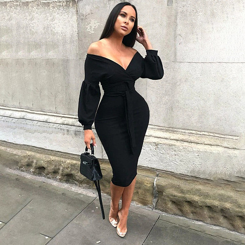 Lantern Sleeve V Neck Lace Up Midi Dress HMS-5355