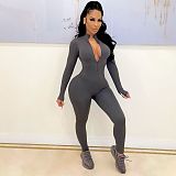 Solid Color Zipper Front Long Sleeve Fitness Jumpsuit CHY-1353