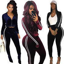 Velvet Side Striped Crop Jackets Pants Jogger Set LSL-6475
