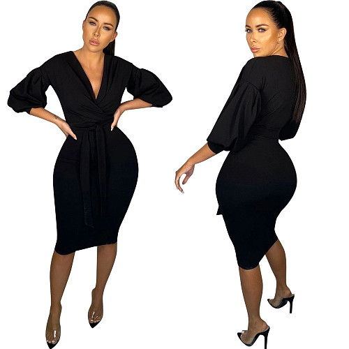 Lantern Sleeve V Neck Lace Up Midi Dress HMS-5355