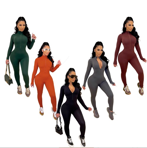 Solid Color Zipper Front Long Sleeve Fitness Jumpsuit CHY-1353
