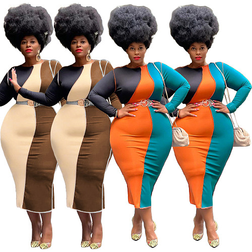 Color Block Patchwork Long Sleeve Plus Size Dress HEJ-21S6098
