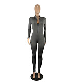 Solid Color Zipper Front Long Sleeve Fitness Jumpsuit CHY-1353