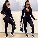 Solid Color Zipper Front Long Sleeve Fitness Jumpsuit CHY-1353
