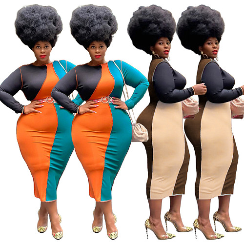 Color Block Patchwork Long Sleeve Plus Size Dress HEJ-21S6098