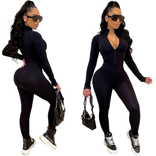 Solid Color Zipper Front Long Sleeve Fitness Jumpsuit CHY-1353