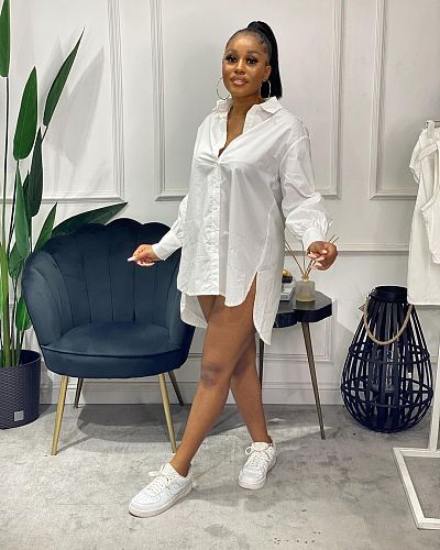 Casual Long Sleeve Lapel Irregular Shirt Dress SD-22117