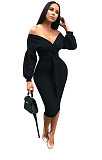 Lantern Sleeve V Neck Lace Up Midi Dress HMS-5355