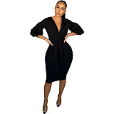 Lantern Sleeve V Neck Lace Up Midi Dress HMS-5355