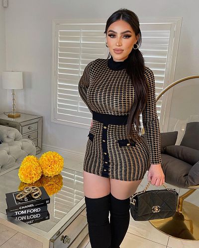 Houndstooth Jacquard Long Sleeve Mini Dress ORY-5222