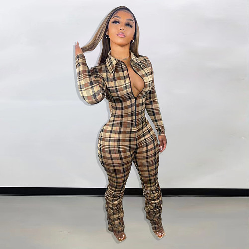 Slim Fit Pleated Printed Plaid Lapel Zipper Jumpsuit BGN-227