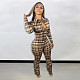 Slim Fit Pleated Printed Plaid Lapel Zipper Jumpsuit BGN-227