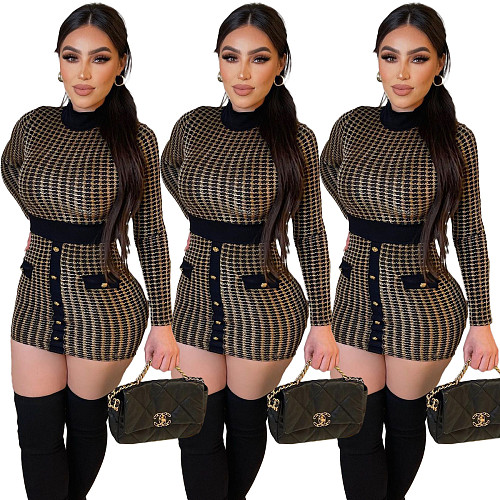 Houndstooth Jacquard Long Sleeve Mini Dress ORY-5222