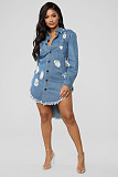 Ripped Hole Tassel Irregular Denim Blouse Dress LX-3617