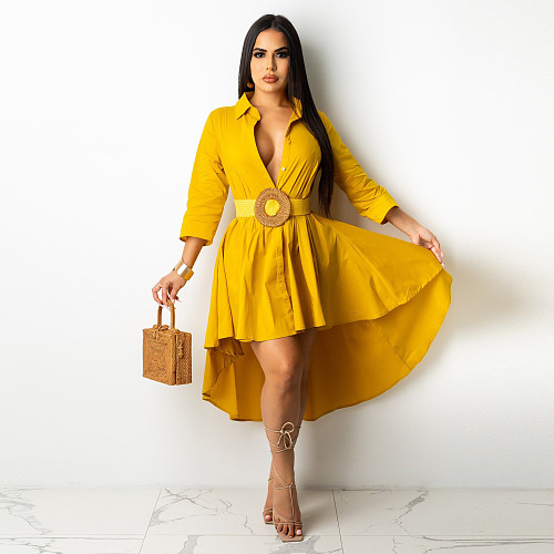 Solid Color 3/4 Sleeve Irregular Shirt Dress With Belt ZS-0420