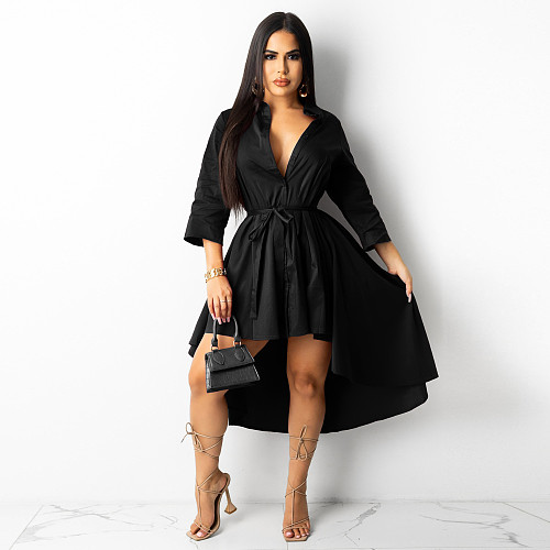 Solid Color 3/4 Sleeve Irregular Shirt Dress With Belt ZS-0420