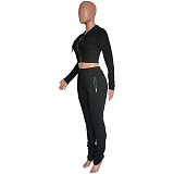Solid Zipper Hooded Crop Top and Pants Suit HMS-5520