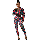 Pattern Print Zipper Jacket High Waist Pants Set XMY-9337