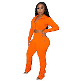 Solid Zipper Hooded Crop Top and Pants Suit HMS-5520