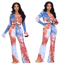 Tie Dye Flare Sleeve Crop Tops And Pants Set CN-9909