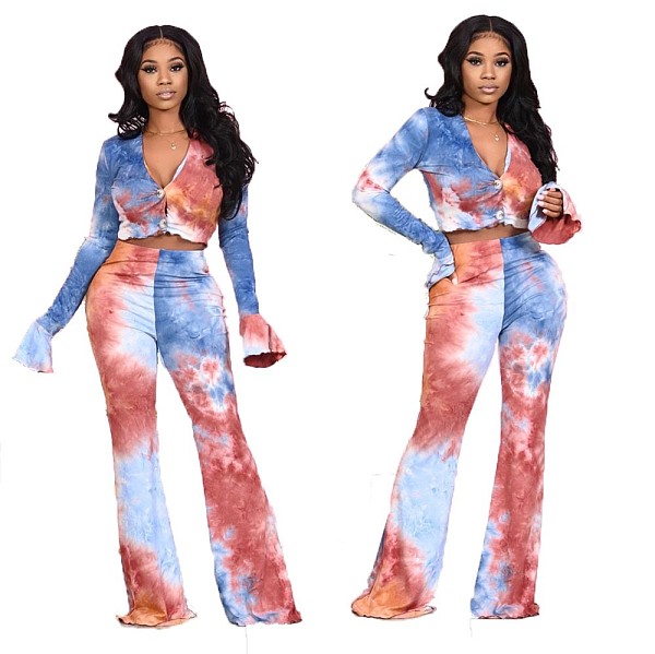 Tie Dye Flare Sleeve Crop Tops And Pants Set CN-9909