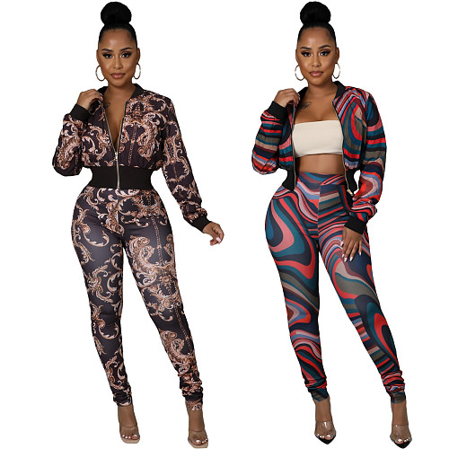 Pattern Print Zipper Jacket High Waist Pants Set XMY-9337