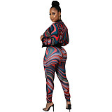 Pattern Print Zipper Jacket High Waist Pants Set XMY-9337